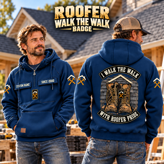 Roofer Walk the Walk Badge Vintage Hoodie in Dark Blue, faithful front and back views in a roofing lifestyle composition.