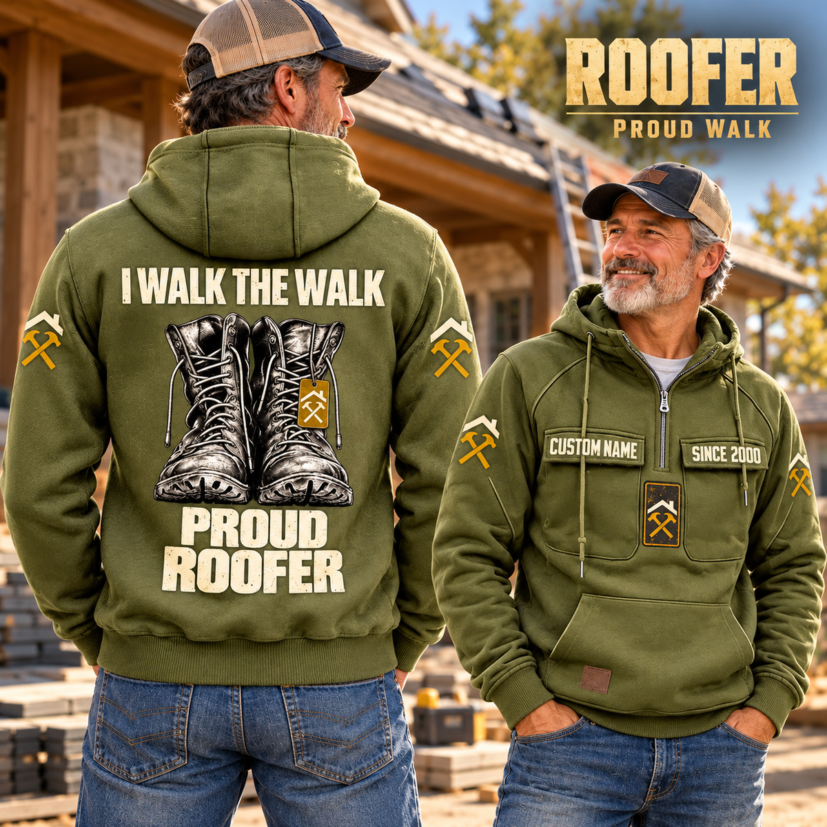 Roofer Proud Walk Vintage Hoodie in Military Green, faithful front and back views in a Roofer lifestyle composition.