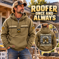 Roofer Once and Always Vintage Hoodie in Kaki, faithful front and back views in a roofing lifestyle composition.