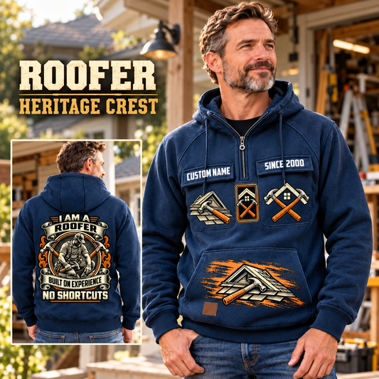 Roofer Heritage Crest Vintage Hoodie in Dark Blue, faithful front and back views in a Roofer lifestyle composition.
