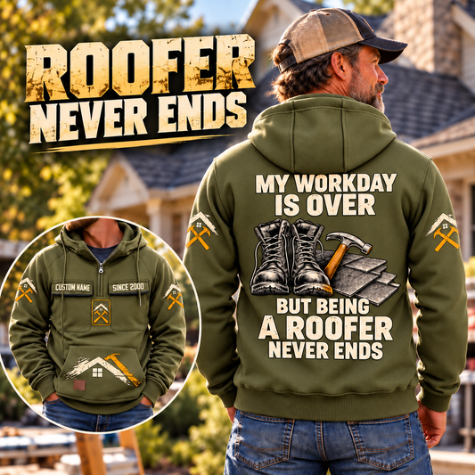 Roofer Never Ends Vintage Hoodie in Military Green, back-worn view with front inset, preserving the original roofing artwork, outside a shingle-roof home.