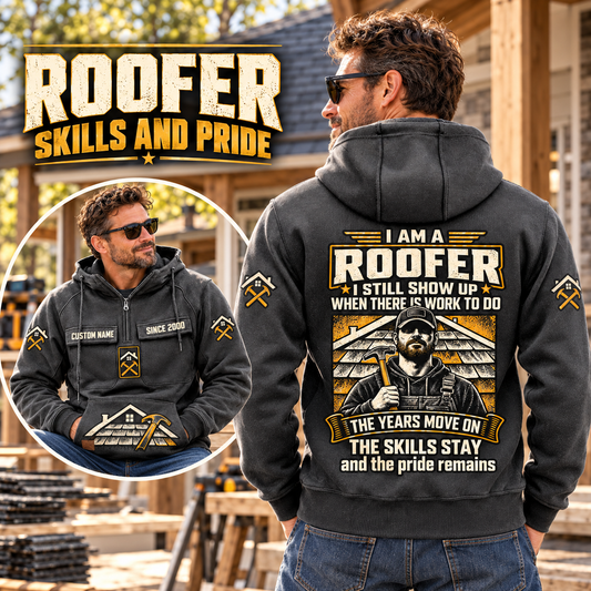 Roofer Skills and Pride Vintage Hoodie in Dark Gray, faithful front and back views in a Roofer lifestyle composition.