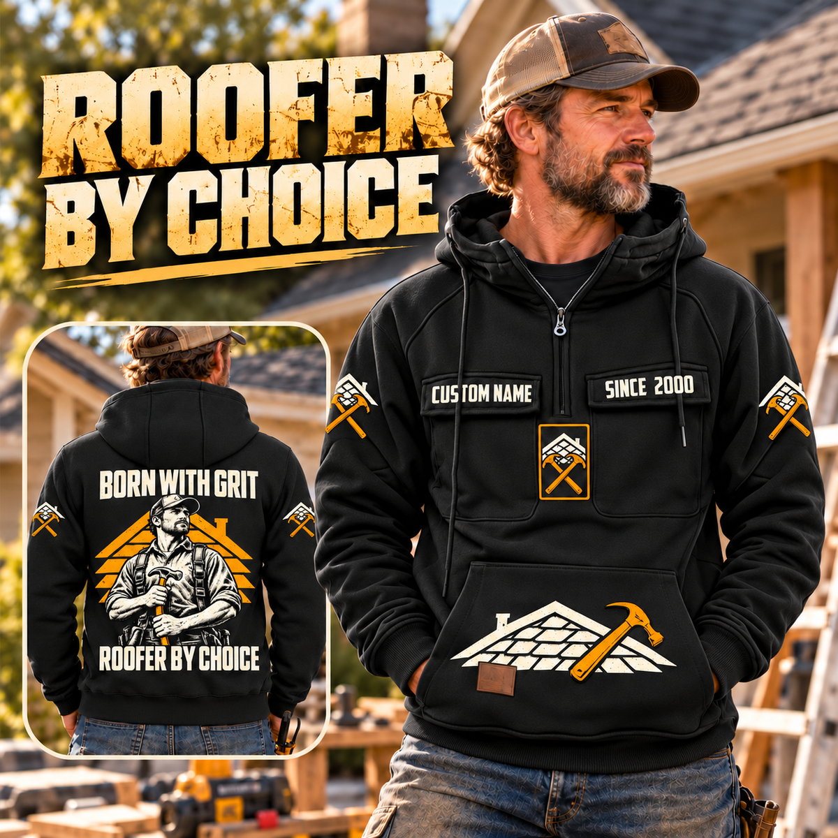 Roofer By Choice Vintage Hoodie in Black, faithful front and back views in a roofing lifestyle composition.