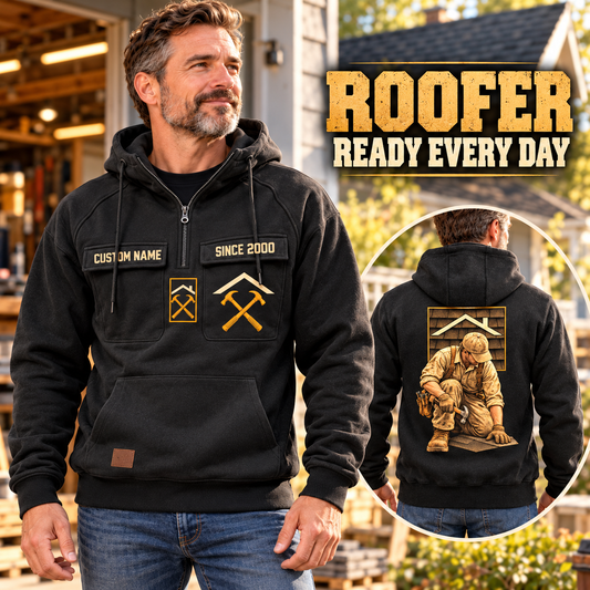 Roofer Ready Every Day Portrait Vintage Hoodie in Black, faithful front and back views in a Roofer lifestyle composition.