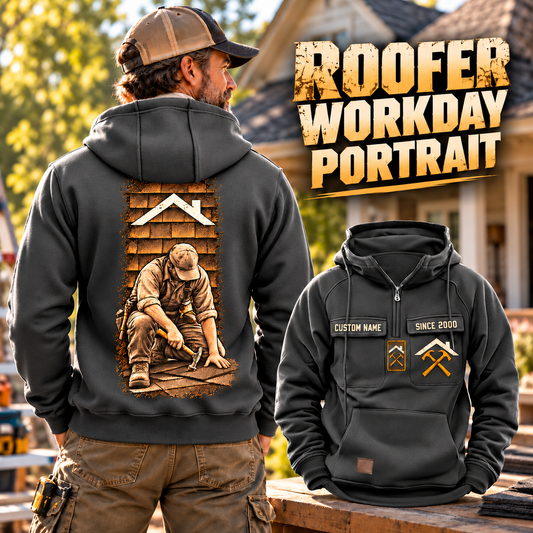 Roofer Workday Portrait Vintage Hoodie in Dark Gray, faithful front and back views in a roofing lifestyle composition.