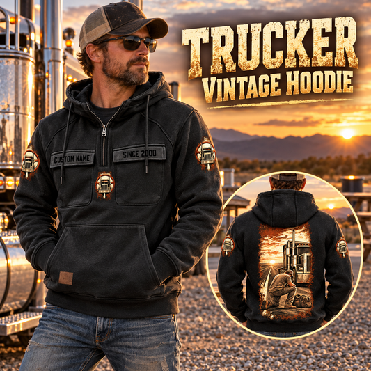 Trucker Daily Commitment Portrait Vintage Hoodie in Black, front left back inset composition with faithful front and back artwork in a quiet roadside truck stop with a parked tractor cab blurred behind.