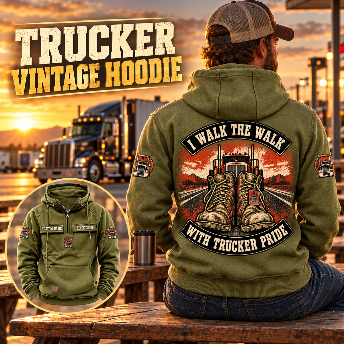 Trucker Walk the Walk Badge Vintage Hoodie in Military Green, back right front inset composition with faithful front and back artwork in a quiet roadside truck stop with a parked tractor cab blurred behind.
