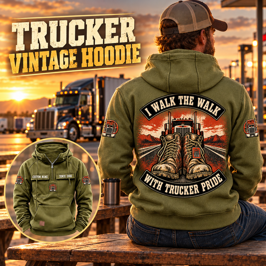 Trucker Walk the Walk Badge Vintage Hoodie in Military Green, back right front inset composition with faithful front and back artwork in a quiet roadside truck stop with a parked tractor cab blurred behind.