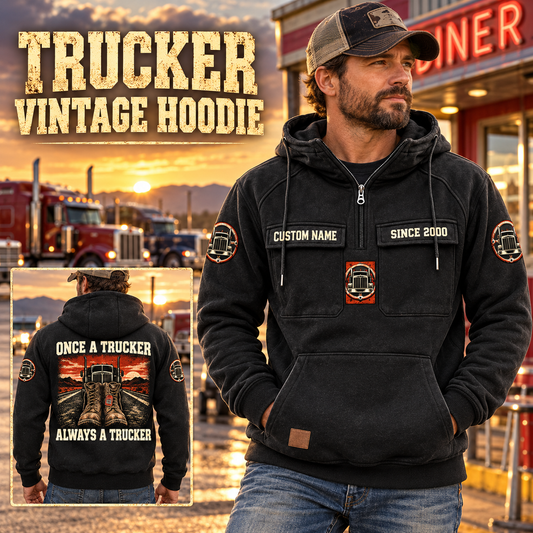 Trucker Once and Always Vintage Hoodie in Black, front right back card composition with faithful front and back artwork in a quiet roadside truck stop with a parked tractor cab blurred behind.