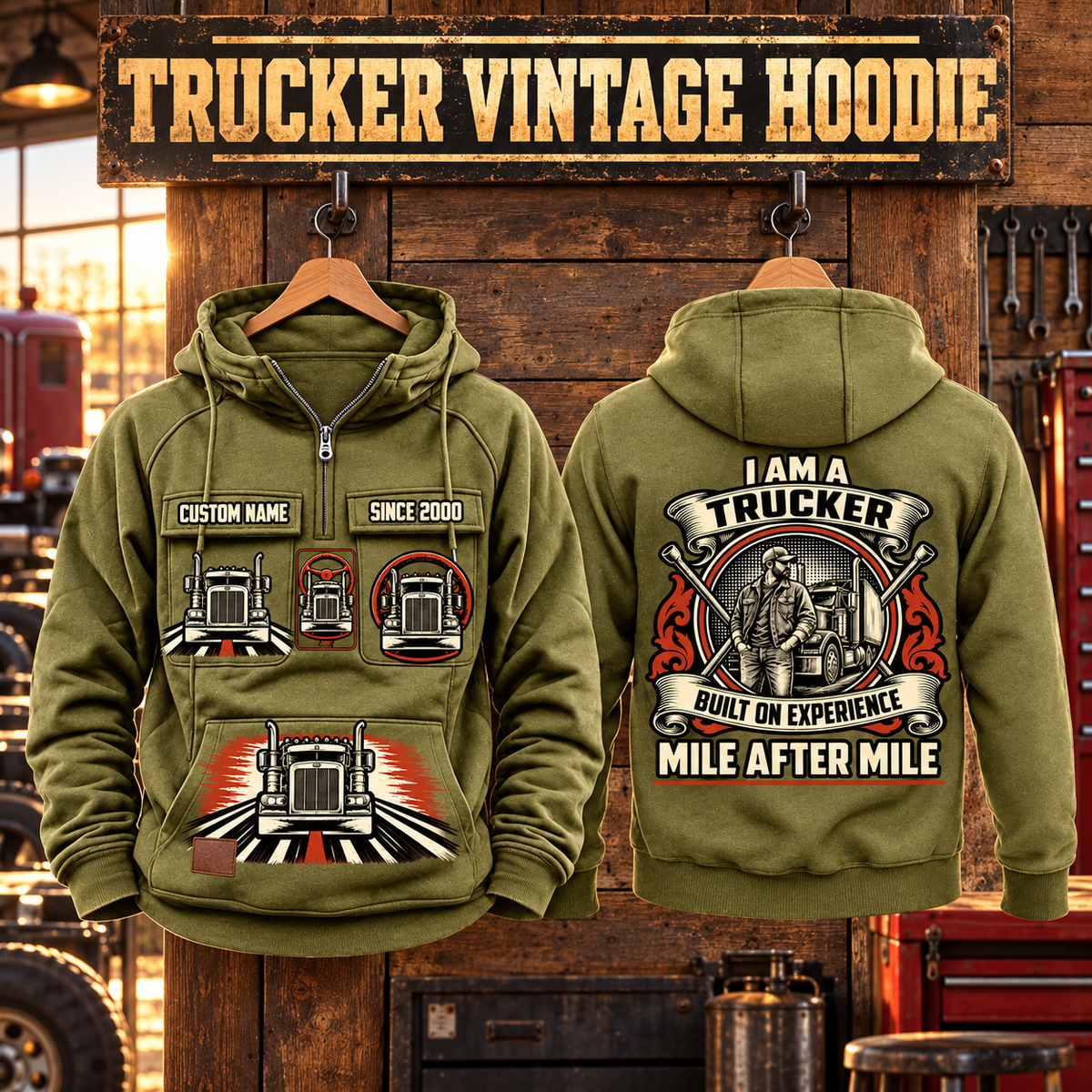 Trucker Heritage Crest Vintage Hoodie in Military Green, paired front back composition with faithful front and back artwork in a quiet roadside truck stop with a parked tractor cab blurred behind.