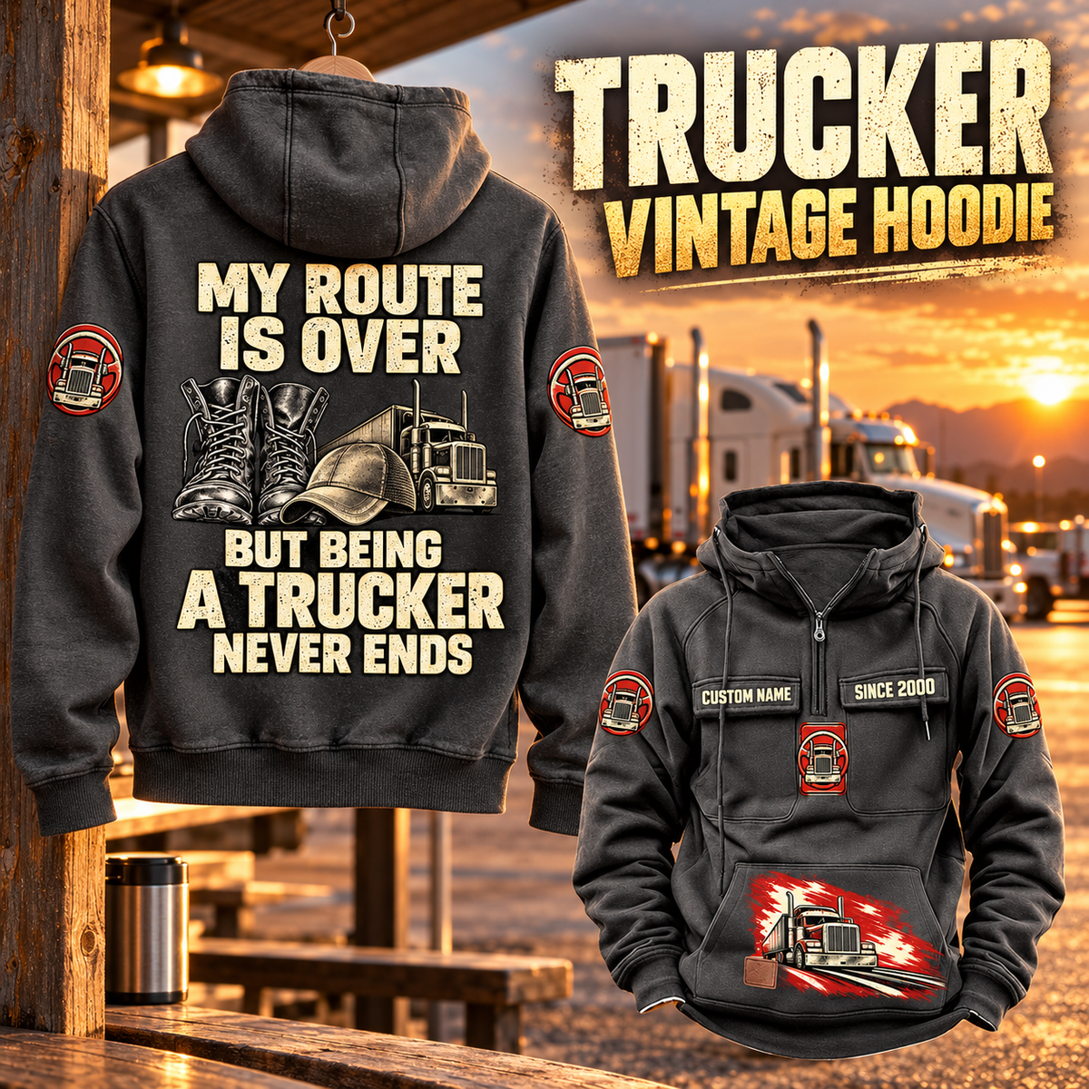 Trucker Never Ends Vintage Hoodie in Dark Gray, back left front cutout composition with faithful front and back artwork in a quiet roadside truck stop with a parked tractor cab blurred behind.