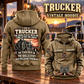 Trucker Skills and Pride Vintage Hoodie in Kaki, back left front cutout composition with faithful front and back artwork in a quiet roadside truck stop with a parked tractor cab blurred behind.