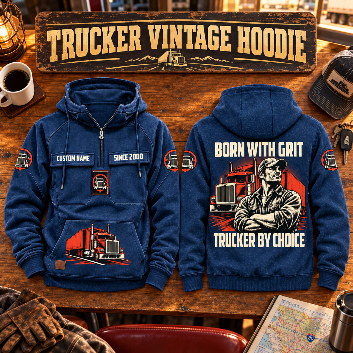 Trucker By Choice Vintage Hoodie in Dark Blue, paired front back composition with faithful front and back artwork in a quiet roadside truck stop with a parked tractor cab blurred behind.