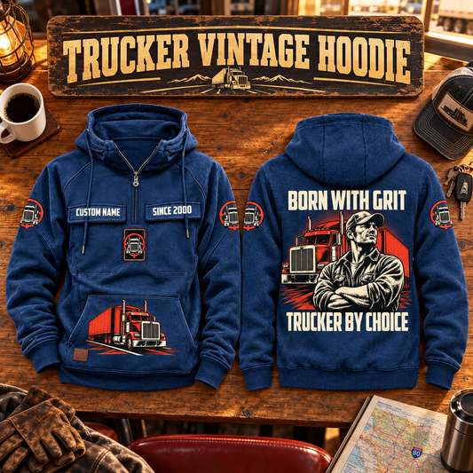 Trucker By Choice Vintage Hoodie in Dark Blue, paired front back composition with faithful front and back artwork in a quiet roadside truck stop with a parked tractor cab blurred behind.