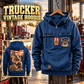 Trucker Ready Every Day Portrait Vintage Hoodie in Dark Blue, front right back card composition with faithful front and back artwork in a quiet roadside truck stop with a parked tractor cab blurred behind.