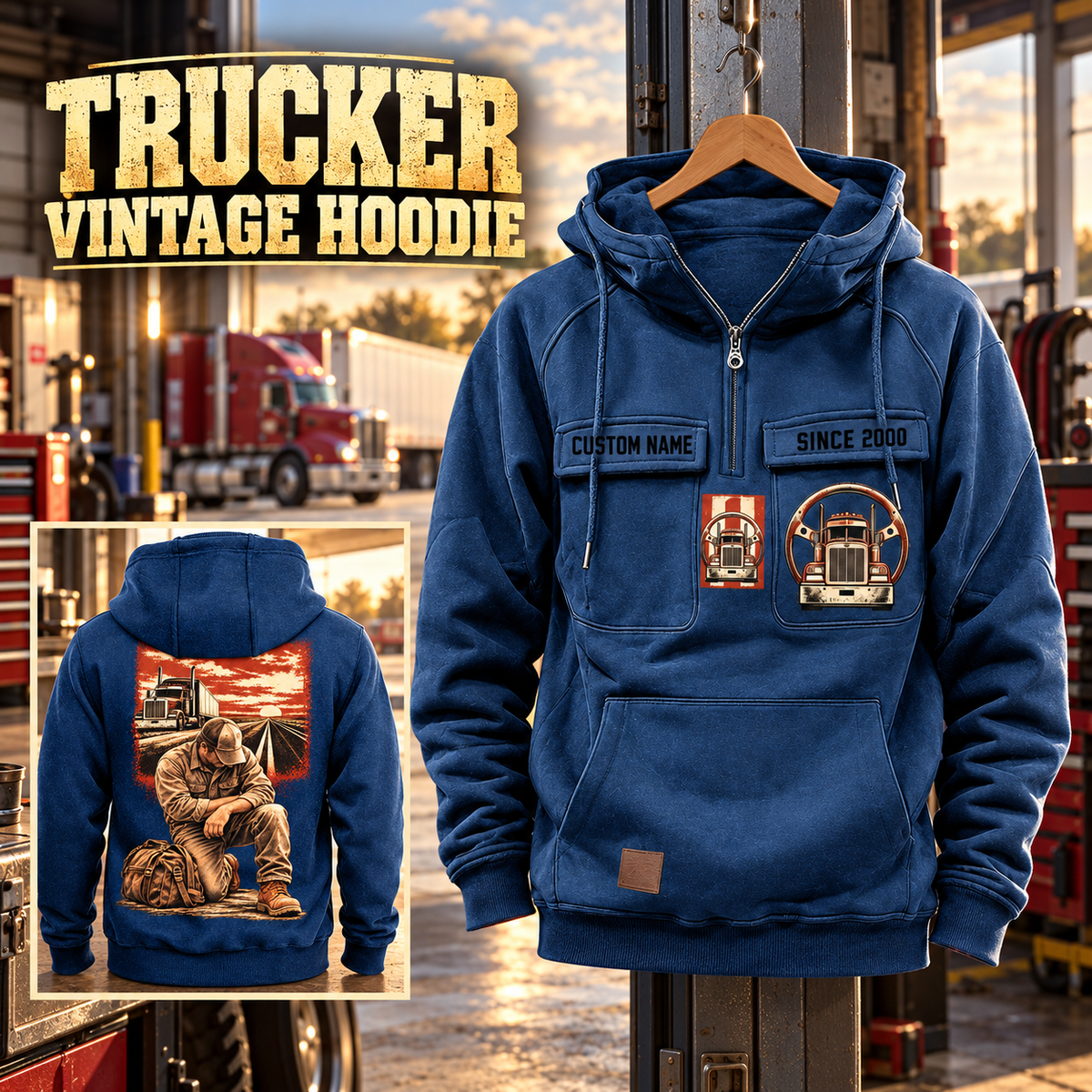 Trucker Ready Every Day Portrait Vintage Hoodie in Dark Blue, front right back card composition with faithful front and back artwork in a quiet roadside truck stop with a parked tractor cab blurred behind.
