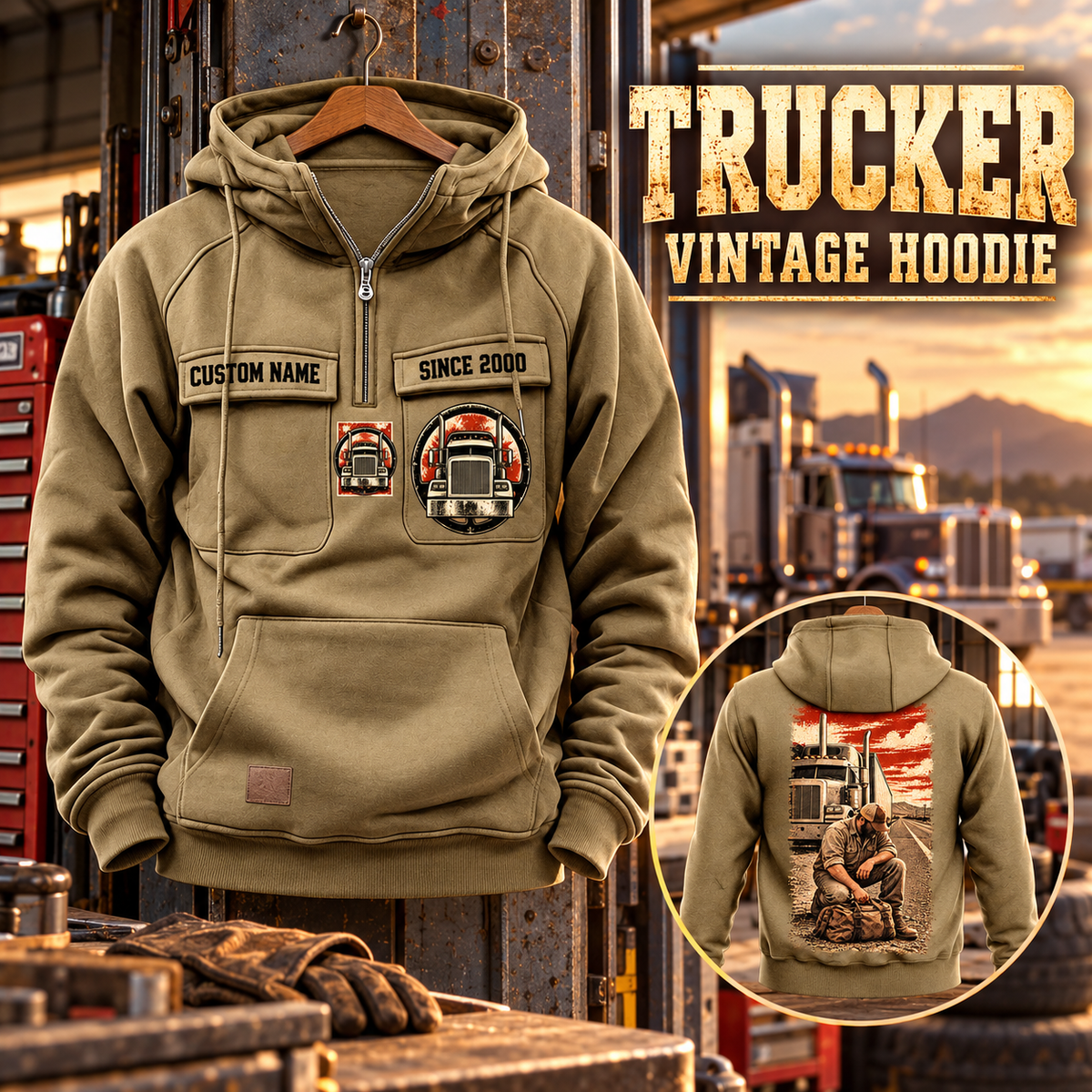 Trucker Workday Portrait Vintage Hoodie in Kaki, front left back inset composition with faithful front and back artwork in a quiet roadside truck stop with a parked tractor cab blurred behind.