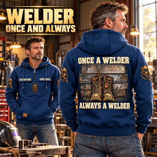 Welder Once and Always Vintage Hoodie in Dark Blue, paired front back composition with faithful front and back artwork in a tidy welding workshop, no active welding or sparks.