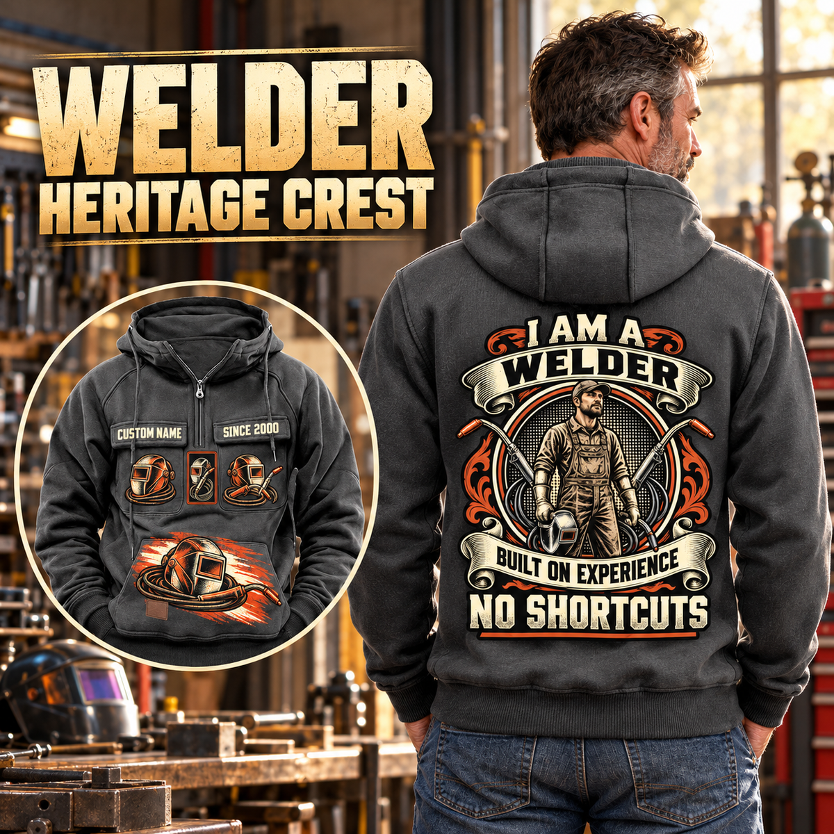 Welder Heritage Crest Vintage Hoodie in Dark Gray, back right front inset composition with faithful front and back artwork in a tidy welding workshop, no active welding or sparks.