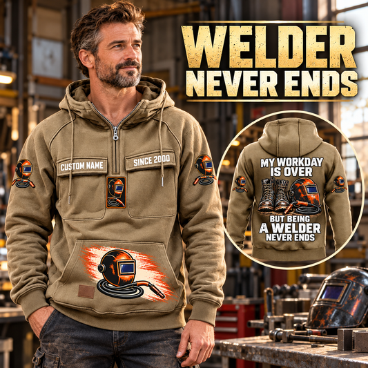 Welder Never Ends Vintage Hoodie in Kaki, front left back inset composition with faithful front and back artwork in a tidy welding workshop, no active welding or sparks.