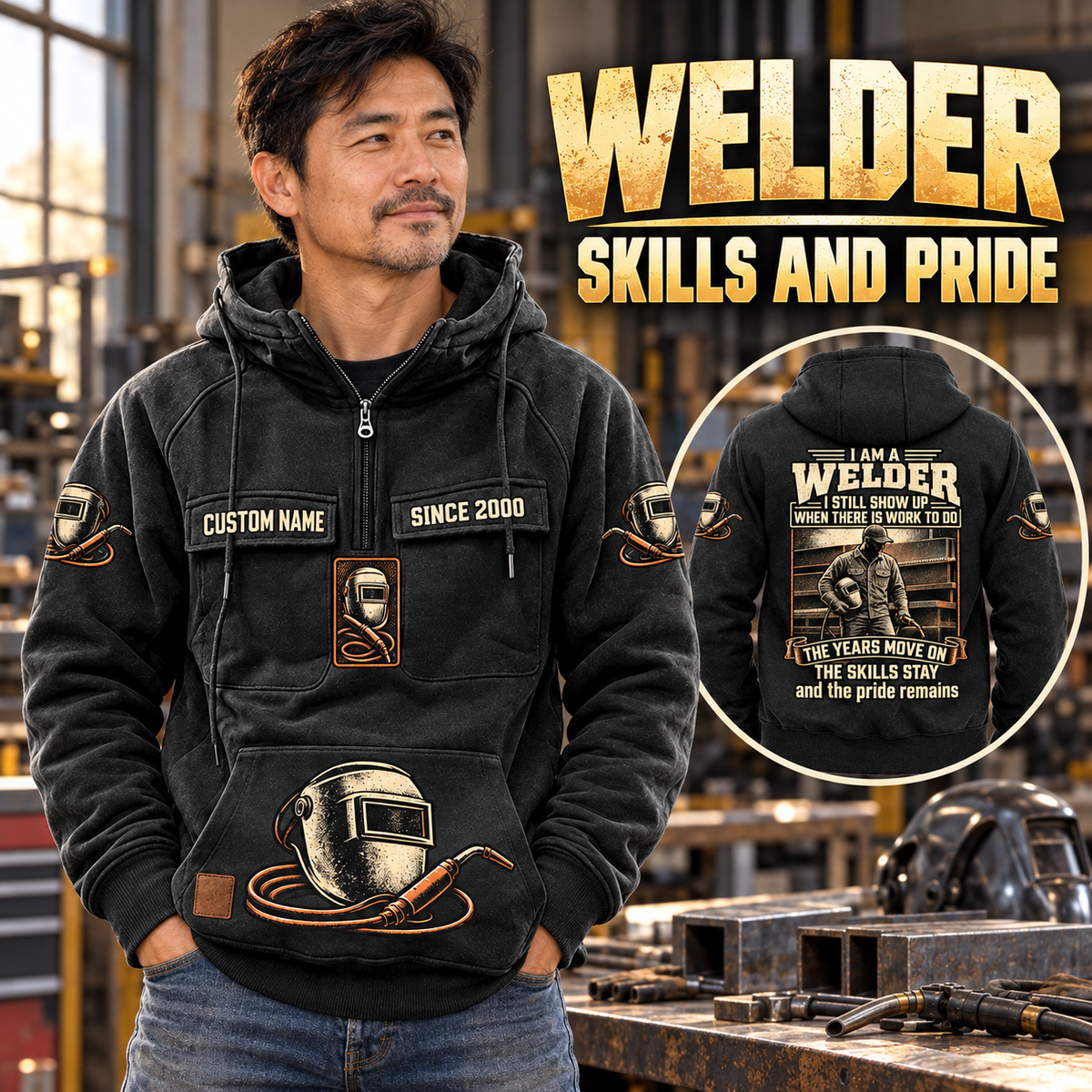 Welder Skills and Pride Vintage Hoodie in Black, front left back inset composition with faithful front and back artwork in a tidy welding workshop, no active welding or sparks.