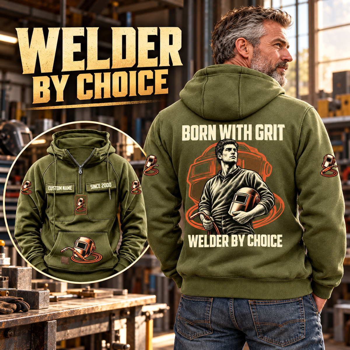 Welder By Choice Vintage Hoodie in Military Green, back right front inset composition with faithful front and back artwork in a tidy welding workshop, no active welding or sparks.