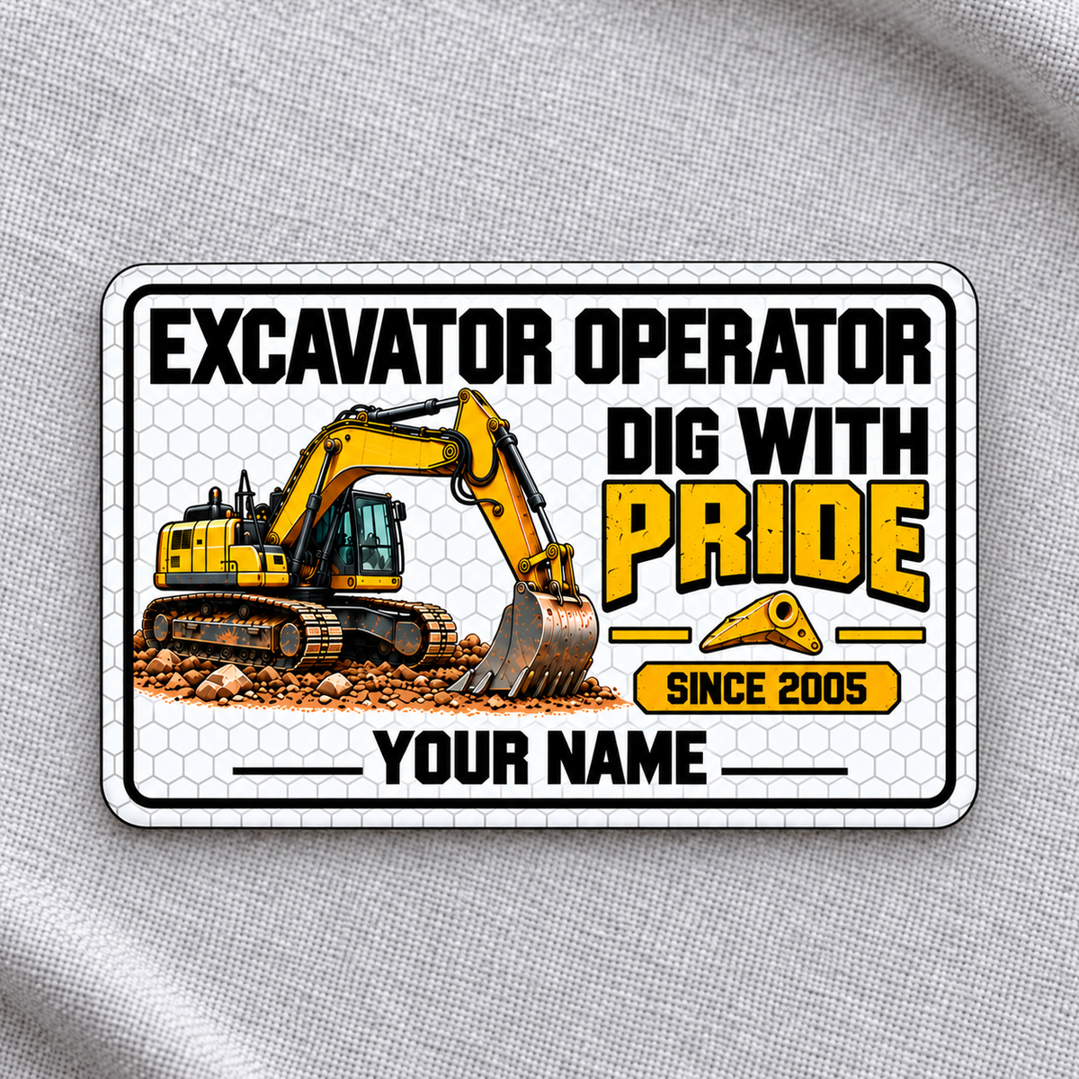 Excavator Operator Honeycomb Pride aluminum wallet card front on gray cloth.