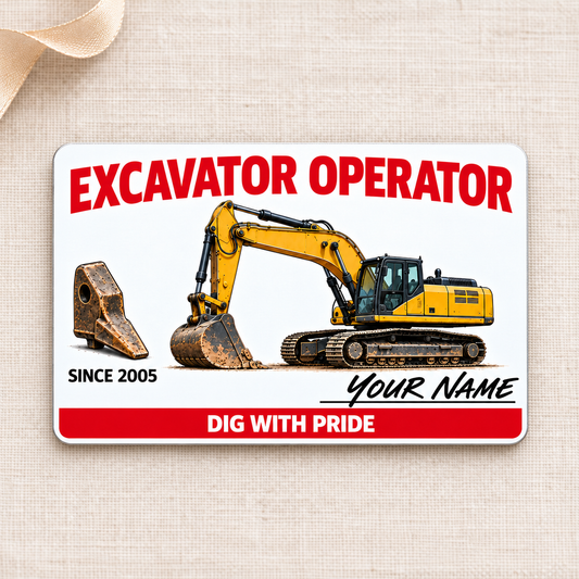 Excavator Operator Signature Classic aluminum wallet card front on cream linen.