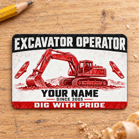 Front of the Red Monochrome Craft Excavator Operator aluminum wallet card on a pale wood surface.