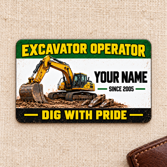 Front of the Green Band Excavator Operator aluminum wallet card on cream woven fabric.