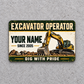 Front of the Heritage Band Appreciation Excavator Operator aluminum wallet card on light gray concrete.