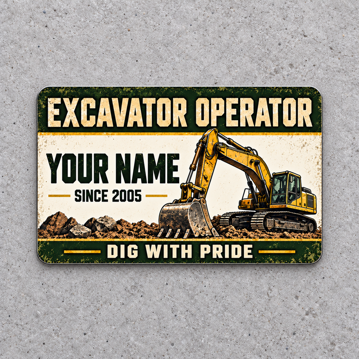 Front of the Heritage Band Appreciation Excavator Operator aluminum wallet card on light gray concrete.