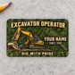 Excavator Operator Rugged Field aluminum wallet card front on gray concrete.