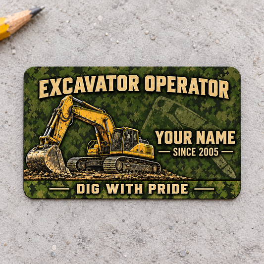 Excavator Operator Rugged Field aluminum wallet card front on gray concrete.