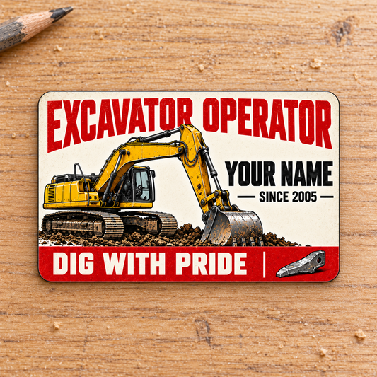 Front of the Signature Modern Excavator Operator aluminum wallet card on a pale oak desktop.
