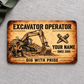 Front of the Sepia Craft Legacy Excavator Operator aluminum wallet card on light gray fabric.