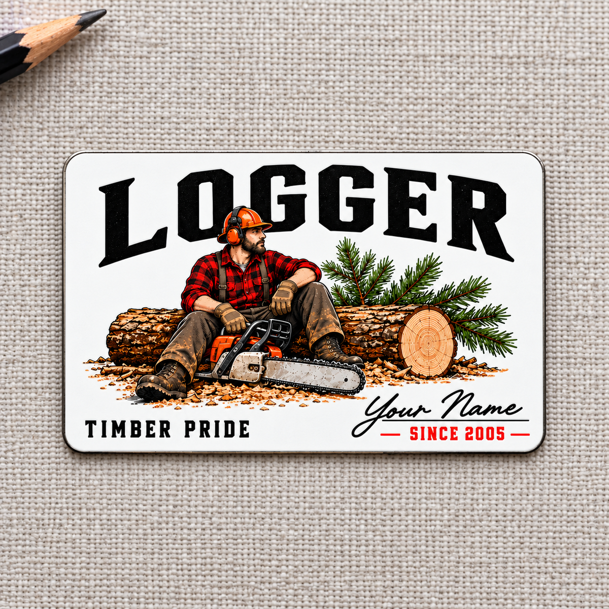 Logger Signature Classic aluminum wallet card front on gray woven fabric