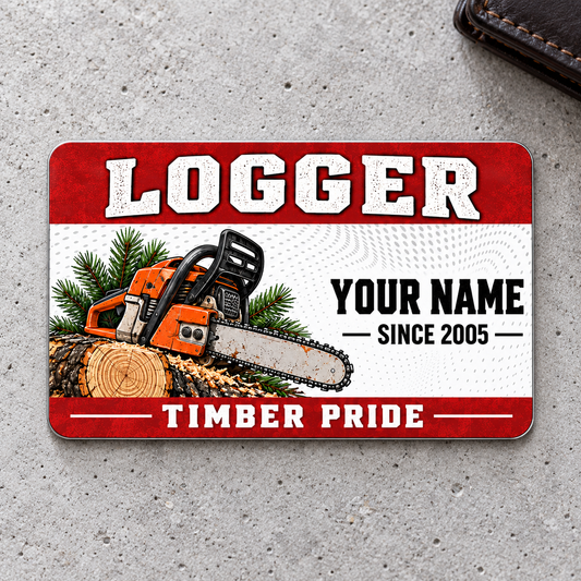 Logger Red Header aluminum wallet card front on light gray concrete