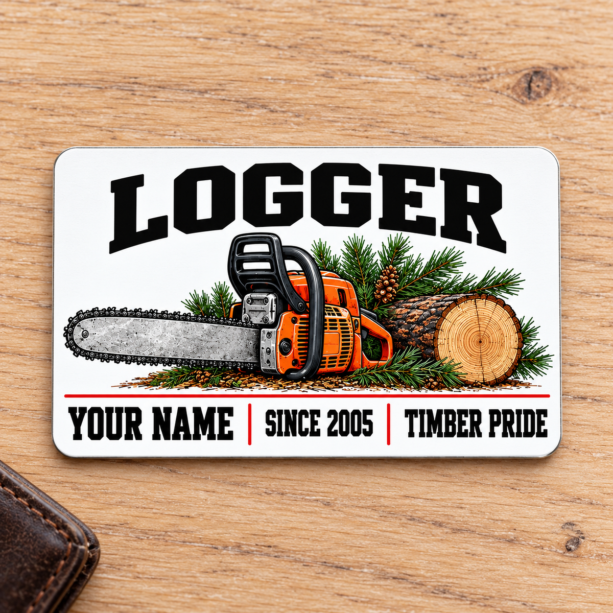 Logger Minimal Tool Grid aluminum wallet card front on pale oak