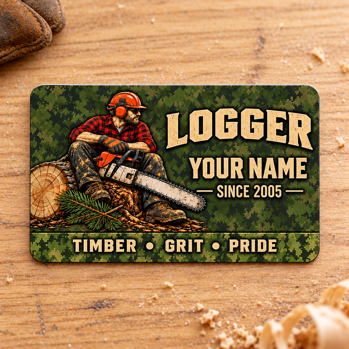 Logger Rugged Field aluminum wallet card front on pale oak