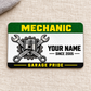 Front of Mechanic Green Band aluminum wallet card on cream linen.