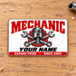 Front of Mechanic Signature Modern aluminum wallet card on pale oak.