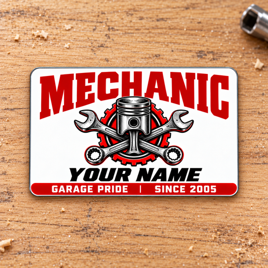 Front of Mechanic Signature Modern aluminum wallet card on pale oak.