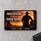 Front of Mechanic Sunset Workday aluminum wallet card on pale gray concrete.