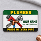 Plumber Green Band Appreciation aluminum wallet card, front design on light gray cloth.