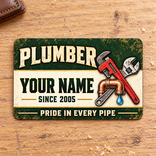 Plumber Heritage Band Appreciation aluminum wallet card, front design on pale oak.
