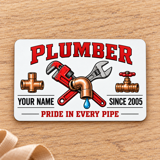 Plumber Minimal Tool Grid aluminum wallet card, front design on pale oak.