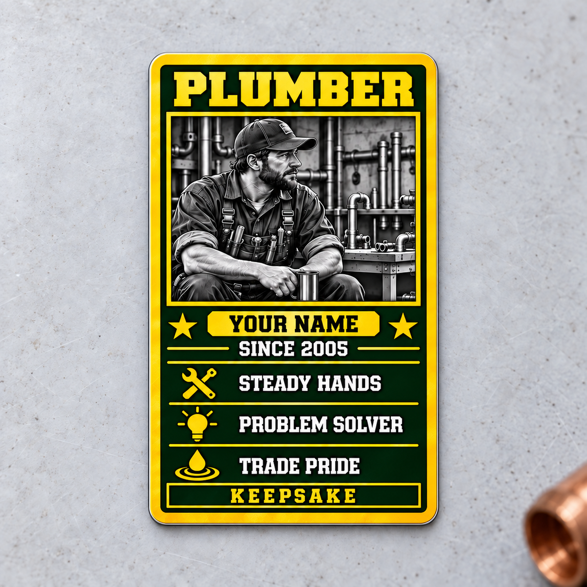 Plumber Trade Legend Collectible aluminum wallet card, portrait front design on gray concrete.