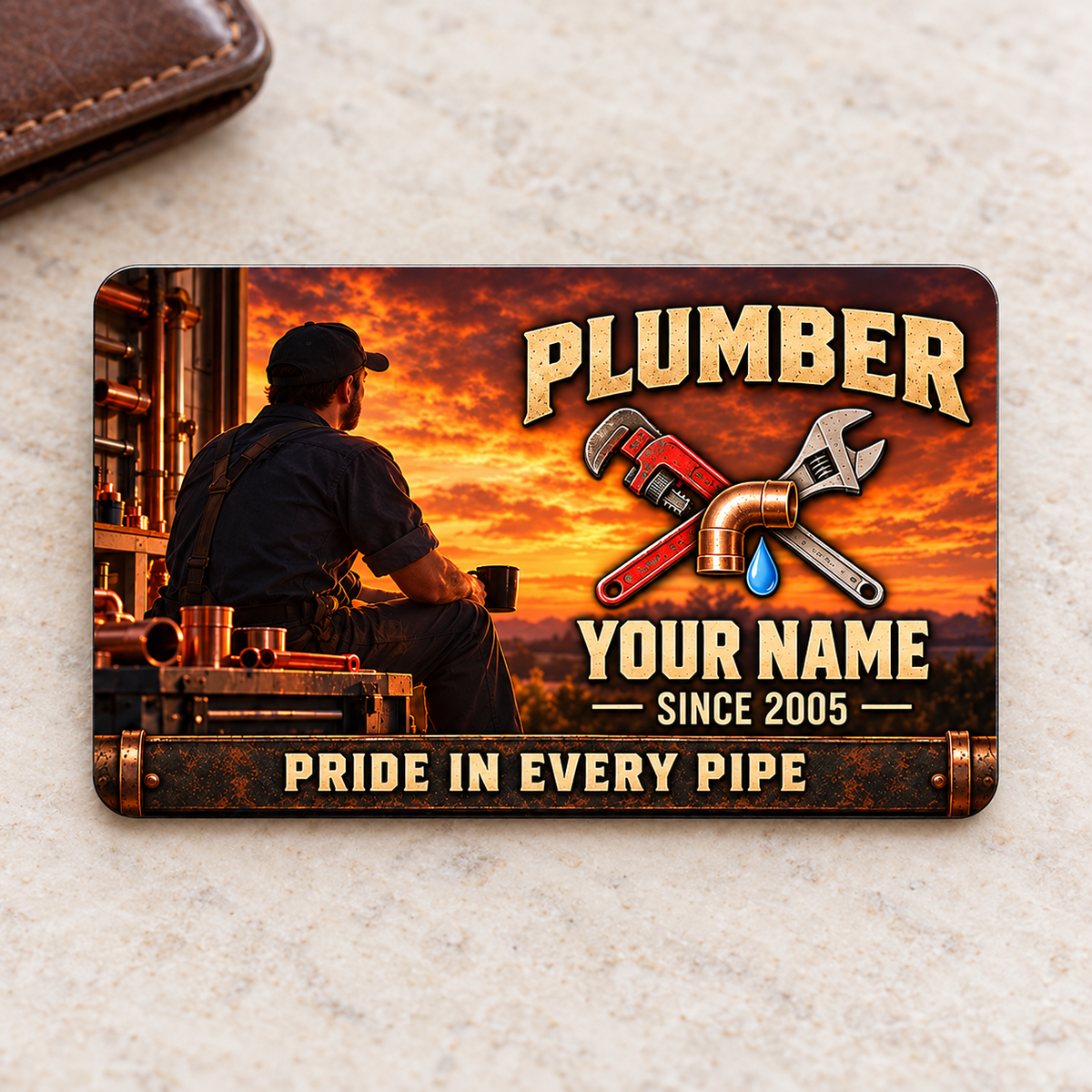 Plumber Sunset Workday aluminum wallet card, front design on pale stone.