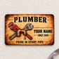 Plumber Sepia Craft Legacy aluminum wallet card, front design on cream linen.